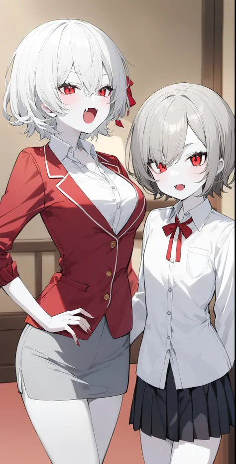 women、short hair perm、red eyes、fangs growing、vampire、high school student、pure white pale skin、pure white hair、shirt、skirt、gray h...