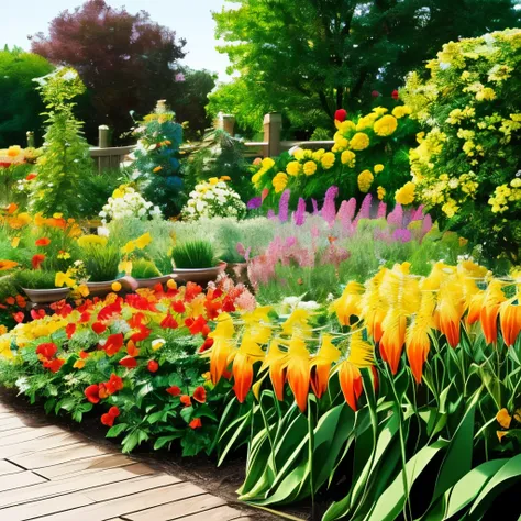 vibrant orange torch lilies, also known as kniphofia, stand tall in a well-tended garden. Their striking flower spikes rise above lush green foliage, creating a stunning contrast. The background reveals a glimpse of a lattice trellis and other garden plant...