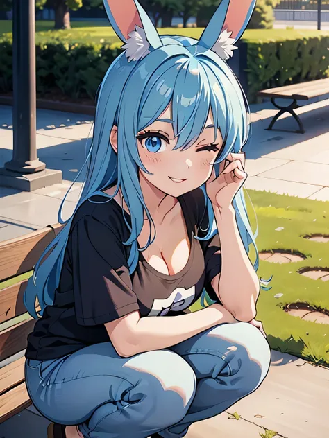 score_9, score_8_up, score_7_up, haulia, rabbit_ears, long_hair, blue_hair, blue_eyes, anime_coloring, cleavage, bow, large_breasts, tshirt, jeans rating:safe, non_explicit, squatting, from_above, , smile, one_eye_closed, parted_lips, head_tilt, outdoors, ...