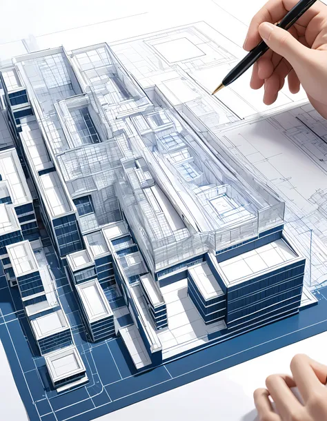 ultra-precise drawings, three views, architectural drawing, blueprint, skyscraper, advanced design, ultra-high precision, break:...