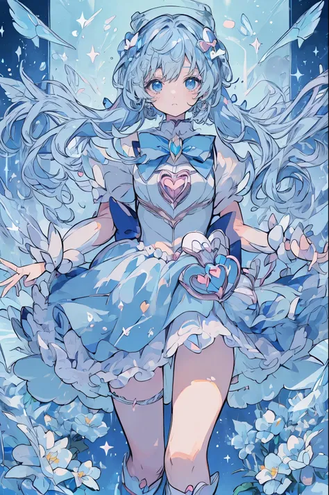 (Magical Girl 1:1.5)、Light blue magical girl、(Long twin tails)、Light blue ruffled skirt、Light blue ribbon、butterfly々、Lots of blue flowers、Sparkling、lame、Glitter、White Feather、Dance、(Very smiling)