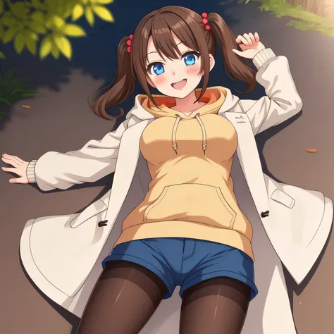 outdoors,
smirk,blush,open mouth,
solo,
MGYumaChan,1girl,brown hair,twintails,hair_ornament,blue eyes,tan,
large breasts,
hoodie,coat,
shorts,
black pantyhose,on back,lying,