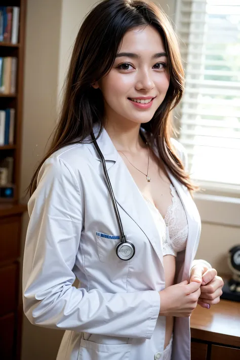 A beautiful female doctor in a professional clinic, (best quality, high resolution, super detailed), Wearing a crisp white lab coat and tight lace lingerie, He has a stethoscope hanging around his neck, and the warm smile on her face. doctor&#39;clear eyes...