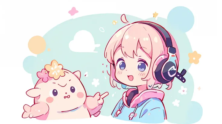 Vibrant Art,pop、bright、colorful, 1 female, Short Hair、happy,cute, Animation Style, cute, clearly,um pop, cute、　Wearing headphones、Headphones、