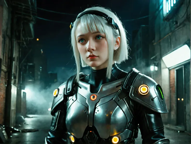 
realistic image. wide shot, we see the whole body.
young woman 20 years old with white cyberpunk style bikini armor.
She walks down a dark alley in a futuristic city. she watches the ships fly in the distance in the dark sky.  there are small green LEDs t...