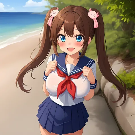 outdoors,
smirk,blush,open mouth,
solo,
MGYumaChan,1girl,brown hair,twintails,hair_ornament,blue eyes,tan,
large breasts,
standing,
serafuku,