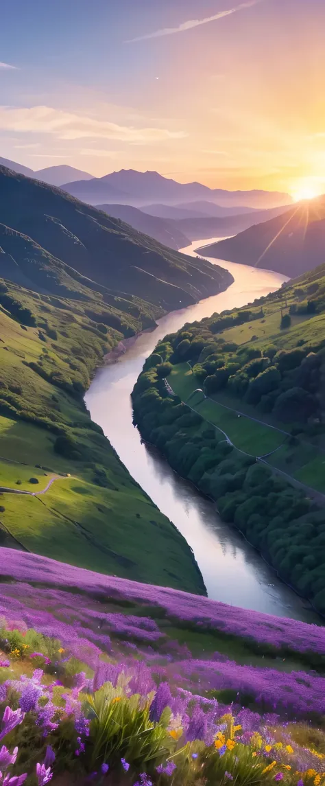 A breathtaking nature scene at dawn, with rolling green hills blanketed by soft morning mist. In the foreground, vibrant wildflowers of various colors bloom across a meadow, while a serene river winds through the landscape, reflecting the first rays of the...