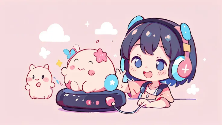 Vibrant Art,pop、bright、colorful, 1 female, Short Hair、Black Hair、happy,cute, Animation Style, cute, clearly,um pop, cute、　Wearing headphones、Headphones、