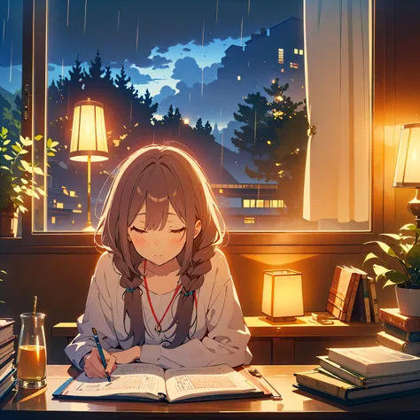 Lofi girl studying in cozy room at night with raining vibes and lofi vibes