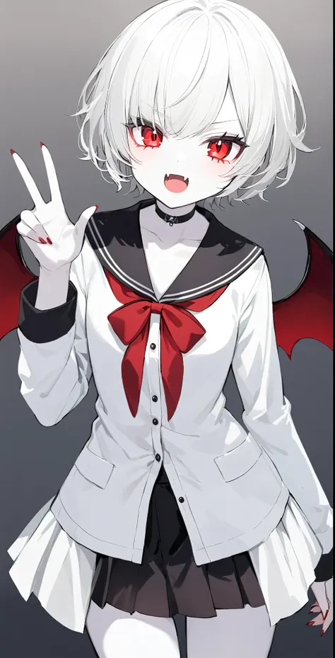 woman、Short Hair Perm、Red eyes、Fangs growing、vampire、high school student、Pure white pale skin、Pure white hair、shirt、skirt、Length 170cm or more