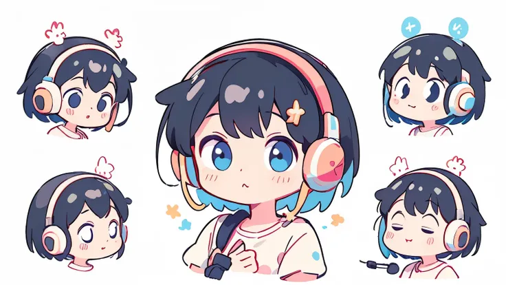 Vibrant Art,pop、bright、colorful, 1 female, Short Hair、Black Hair、happy,cute, Animation Style, cute, clearly,um pop, cute、　Wearing headphones、Headphones、