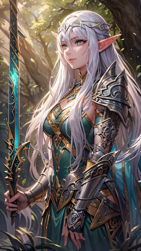 ((Best Quality)),(Ultra-high resolution),(Super detailed),(Detailed Description),((The best CG)),(masterpiece),Highly detailed art,(Art with precise detail:1.5), (Elven Warrior Princess:1.6),Sharp emerald eyes,Long silver hair:1.3,Emits an ethereal glow:1....