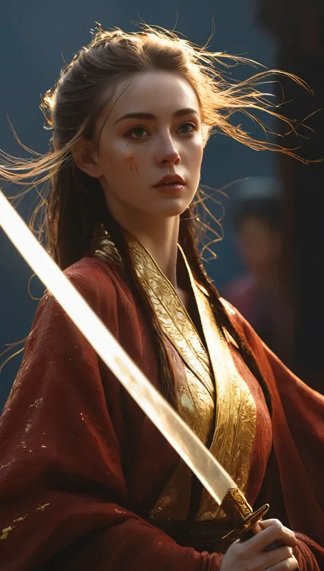 ultra high resolution,(((masterpiece))),(((best quality))),((super detailed)),((extremely delicate and beautiful)),cinematic light,detailed environment,(real),(1girl, solo, male focus:1.3),(holding sword:1.2),(dark red and light gold:1.3),(hair pulled back...