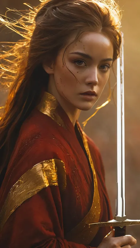 ultra high resolution,(((masterpiece))),(((best quality))),((super detailed)),((extremely delicate and beautiful)),cinematic light,detailed environment,(real),(1girl, solo, male focus:1.3),(holding sword:1.2),(dark red and light gold:1.3),(hair pulled back...