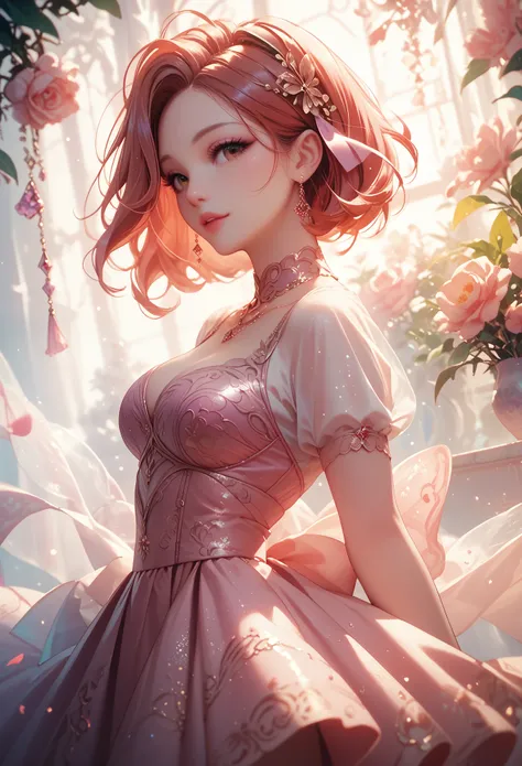 a beautiful woman, 3, short red hair, shimmering brown eyes, with , with a purple and pink blaser, skirt, and white background, intricate details,