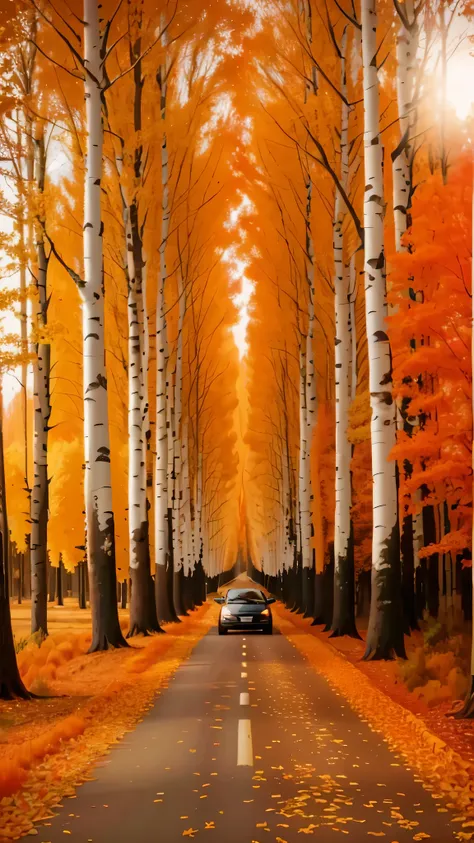 trees are lined up along a road with a car driving down it, autumn forest, german forest, breath-taking beautiful trees, breath - taking beautiful trees, road between tall trees, in the autumn, in the autumn forest, birch trees, colorful autumn trees, gold...