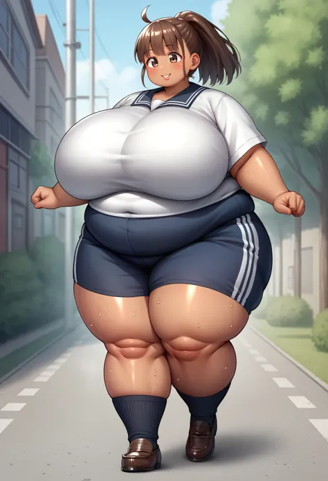 anime, (Japanese, fat girl, young, Morbidly obese, very fat breasts, very low height, child), (dark blue, school tracksuit), (Full body display down to the toes) , (completely transparent , shirt, 薄いピンク) , (standing, cute random pose, street, Shibuya), (10...