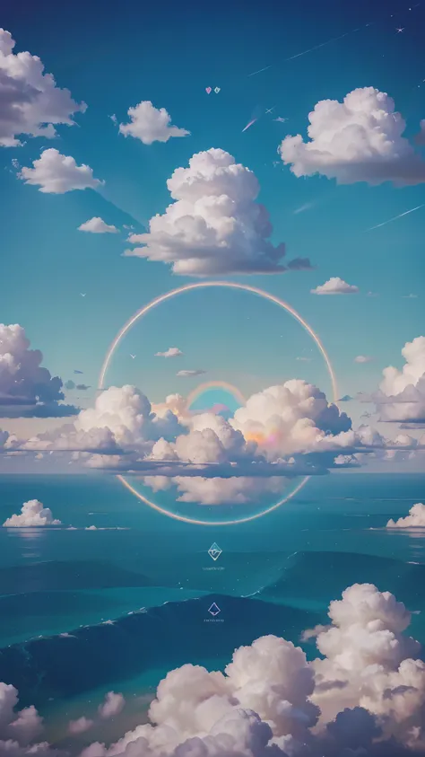 Generate a digital wallpaper with a whimsical cloudscape featuring floating geometric shapes. Incorporate elements of cottagecore and vaporwave aesthetics. Color palette: soft pastels with pops of neon. Add a touch of sparkle and a subtle rainbow. Resoluti...