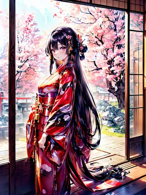 (solo japanese girl:1.3), (straight long hair, shiny and glossy black hair:1.3), traditional japanese clothing, traditional japa...