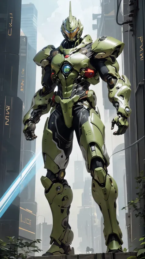 (masterpiece:1.5, best quality:1.5, extremely delicate:1.5), (male:1.5), humanoid Mecha, fully enclosed shoulder guards, matching arm and leg guards, full body, full armor, the design balances heavy with agility, (the color scheme is primarily Green with R...