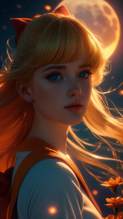 a beautiful sailor venus, detailed facial features, piercing blue eyes, rosy lips, long eyelashes, blonde hair in a red bow, sailor orange uniform with a blue bow, portrait in a magical fantasy landscape, colorful flowers, glowing moon in the night sky, dr...