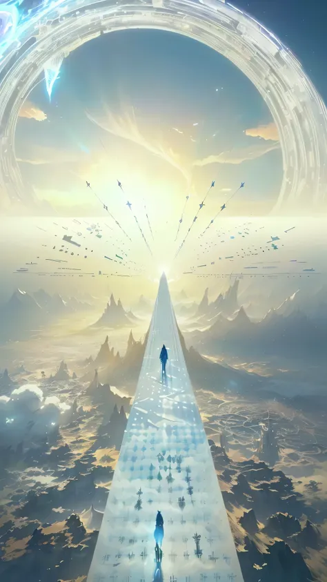 there is a man walking on a long white walkway in the sky, esoteric equation heaven, highly detailed surreal vfx, mind-bending digital art, inspired by jessica rossier, matte painting of human mind, jessica rossier fantasy art, makoto shinkai cyril rolando...