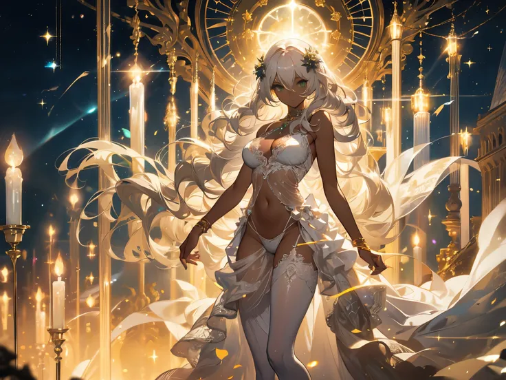 ((masterpiece, )), Delicate face，warrior，Full body painting，Perfect body proportions，Large Breasts，Long Legs，Dark skin，White hair，Green eyes long wavy hair，Beautiful eyes，Fantasy style，Extremely beautiful，White background，sun，Holy Light，Outdoor，Transparent...