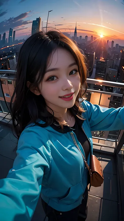 One person, Korean, Fisheye Lens, Selfie, wind, Messy Hair, sunset, Cityscape, (Aesthetics and atmosphere:1.2),smile