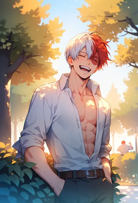 score_9,score_8_up,score_7_up,score_6_up,score_5_up, rating explicit, male focus, sexy, 1boy, 1, todoroki shouto, boku no hero academia, two-tone hair,  open shirt, happy, laughing, park, trees, bushes, sunshine, g0thicPXL, glowing, neon, amazing quality, ...