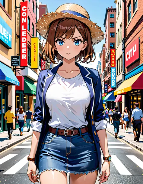 Masterpiece, Best Quality, High Resolution, highly detailed, professional, 8k, 1girl, tall body, wonder, superhero, light brown straw hat, blue eyes, wristwatch on one hand, matching boots, (blue suit jacket, white t-shirt, denim skirt, miniskirt, bare leg...