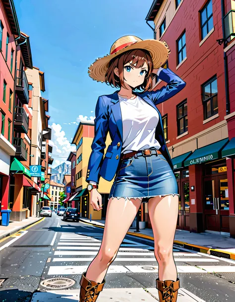 Masterpiece, Best Quality, High Resolution, highly detailed, professional, 8k, 1girl, tall body, wonder, superhero, light brown straw hat, blue eyes, wristwatch on one hand, matching boots, (blue suit jacket, white t-shirt, denim skirt, miniskirt, bare leg...