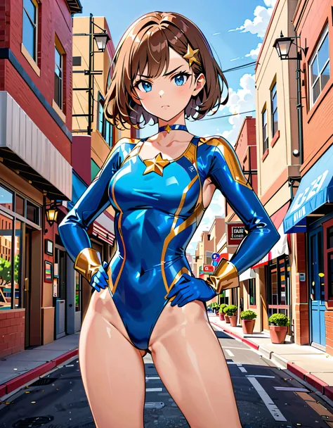 Masterpiece, Best Quality, High Resolution, highly detailed, professional, 8k, 1girl, wonder, superhero, blue choker, blue eyes, blue footwear, blue gloves, matching boots, (blue leotard, competition swimsuit, (gold star symbol on her chest:1.2), (elastic ...