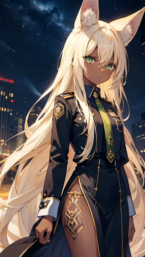 Best Quality,Blonde,Fennec ears,Green Eyes,Very long hair,Straight Hair,(Brown skin,Dark Skin,),palace,Night Sky,,Slender,Tattoo,Police Officer,,