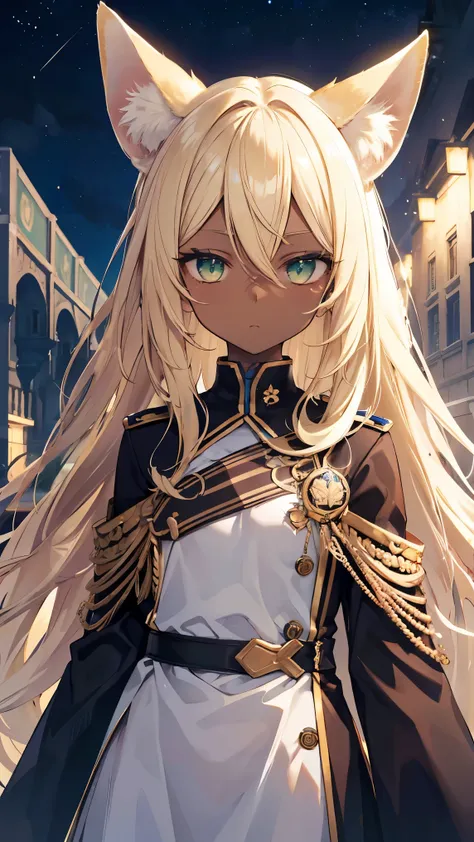 Best Quality,Blonde,Fennec ears,Green Eyes,Very long hair,Straight Hair,(Brown skin,Dark Skin,),palace,Night Sky,,Slender,Tattoo,Police Officer,,