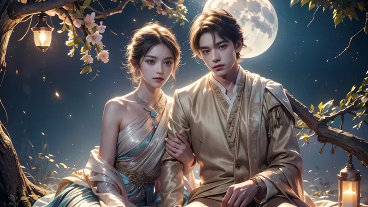 romantic ancient style，night，backlight，a man and a woman sitting on a tree branch，there is a full moon behind，alexander，repeat，f...