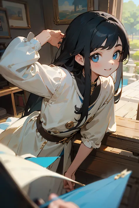 ((Best Quality)), ((masterpiece)), (detailed), 
Black Hair、Long hair, looks like a young child、
Confused eyes、Smiling. Wearing adventurer&#39;s clothes and a skirt.