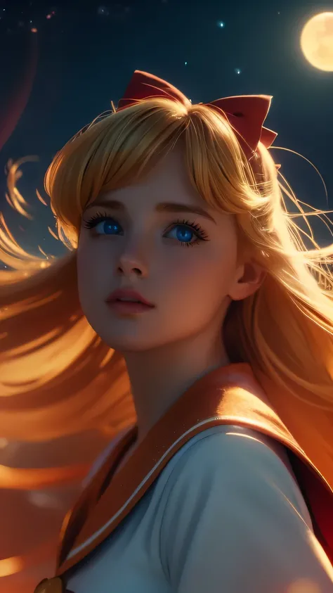 a beautiful sailor venus, detailed facial features, piercing blue eyes, rosy lips, long eyelashes, blonde hair in a red bow, sailor orange uniform with a blue bow, portrait in a magical fantasy landscape, colorful flowers, glowing moon in the night sky, dr...