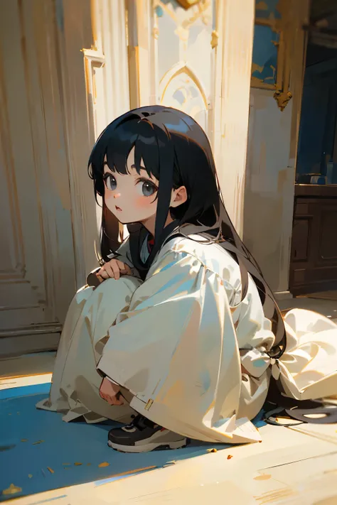 ((Best Quality)), ((masterpiece)), (detailed)
Black Hair、Long hair, looks like a young child、
She is wearing adventurer&#39;s clothes and a skirt. She has dark eyes, light blue eyes, and a sword of light.