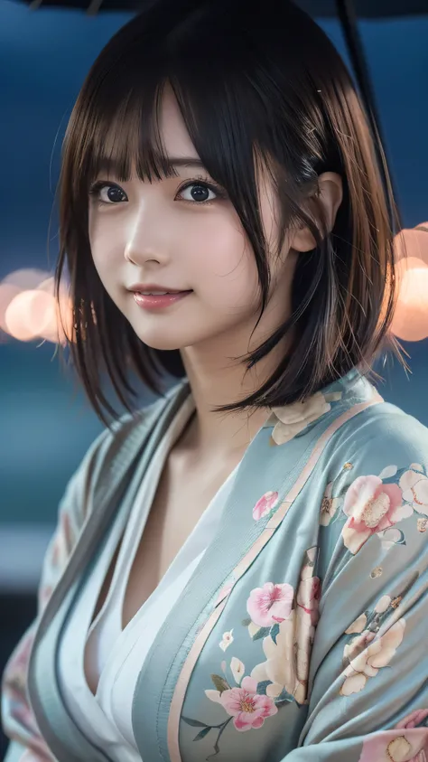 ((masterpiece, Highest quality, High resolution)), Japanese schoolgirl、(Realistic: 1.4), A shy smile、Mouth closed、shut up.、Great face,Glossy Lips、, Silver short hair, (Beautiful Hair:1.5), Flower pattern kimono、Cleavage、Flower Hair Ornaments、At the Beach、F...