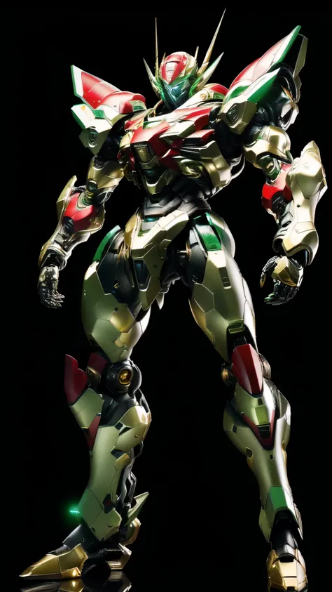 (masterpiece:1.5, best quality:1.5, extremely delicate:1.5), (male:1.5), humanoid Mecha, fully enclosed shoulder guards, matching arm and leg guards, full body, full armor, the design balances heavy with agility, (the color scheme is primarily Green with R...