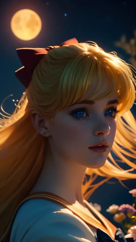 a beautiful sailor venus, detailed facial features, piercing blue eyes, rosy lips, long eyelashes, blonde hair in a red bow, sailor orange uniform with a blue bow, portrait in a magical fantasy landscape, colorful flowers, glowing moon in the night sky, dr...