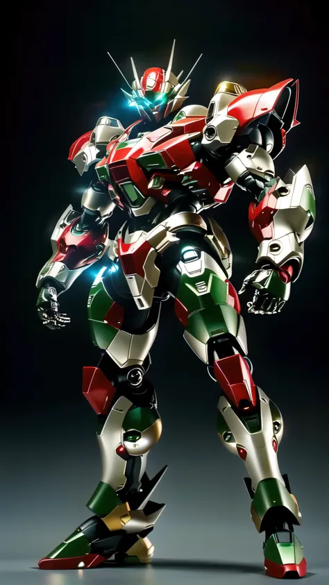 (masterpiece:1.5, best quality:1.5, extremely delicate:1.5), (male:1.5), humanoid Mecha, fully enclosed shoulder guards, matching arm and leg guards, full body, full armor, the design balances heavy with agility, (the color scheme is primarily Green with R...