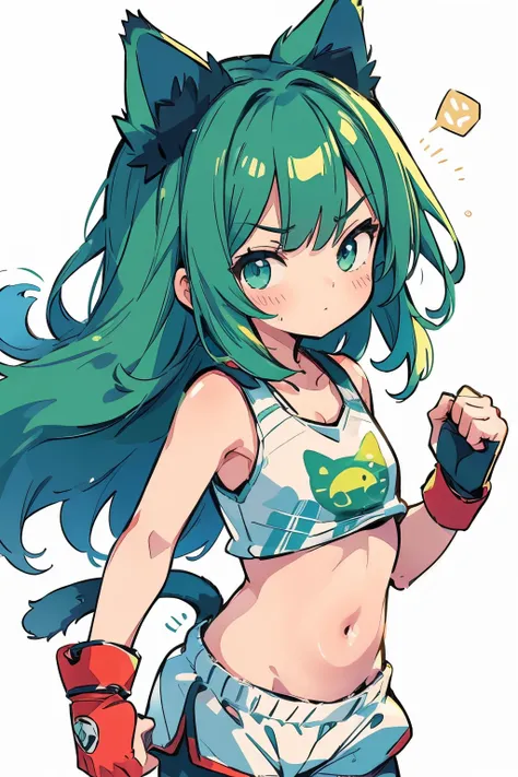 (boxing:1.3)、Young Girl、belly button、cool、Shorts、Serious expression、strong、(Closed Mouth:1.1)、Cat ears、Green Hair