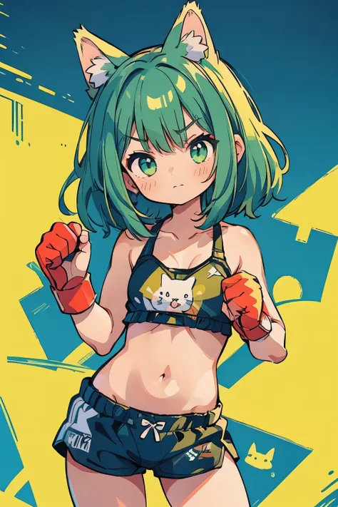 (boxing:1.3)、Young Girl、belly button、Shorts、Serious expression、strong、(Closed Mouth:1.1)、Cat ears、Green Hair