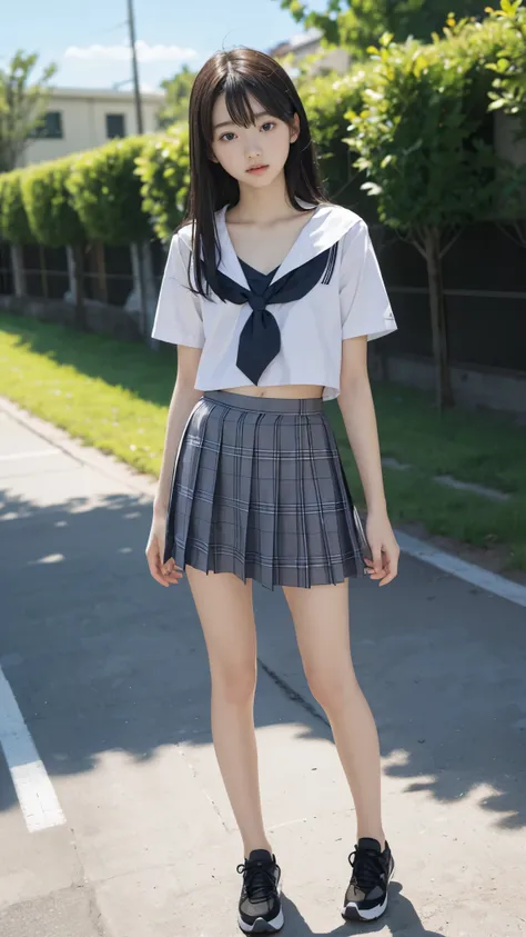 High detail, Textured skin, Very detailed, Ultra high definition, High-resolution model, Detailed face、bare navel、Twins, two girls, two high school girls、(((flat chest))), (flat chest:1.1)、 14years、a junior high school student、School Uniforms、Cute, young, ...