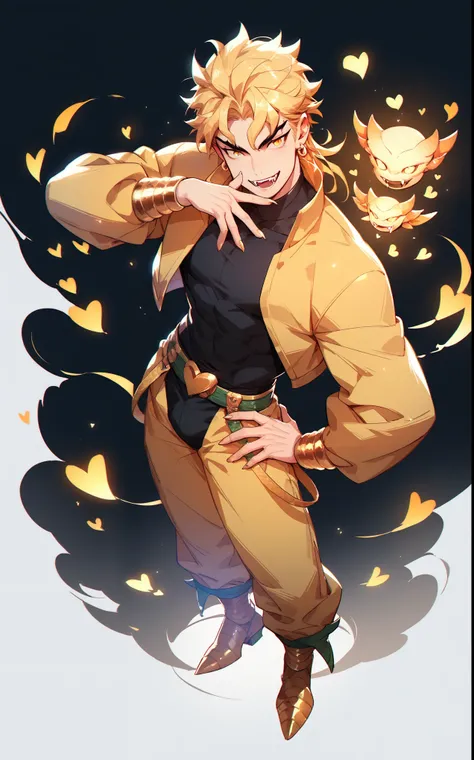 score_9,score_8_up,score_7_up,score_6_up,score_5_up, rating explicit,diao,solo,dio brando,1boy,blonde hair,yellow jacket,jacket,heart,pointy footwear,pants,smile,open mouth,jewelry,hand on hip,yellow pants,hands on hips,white background,earrings,simple bac...