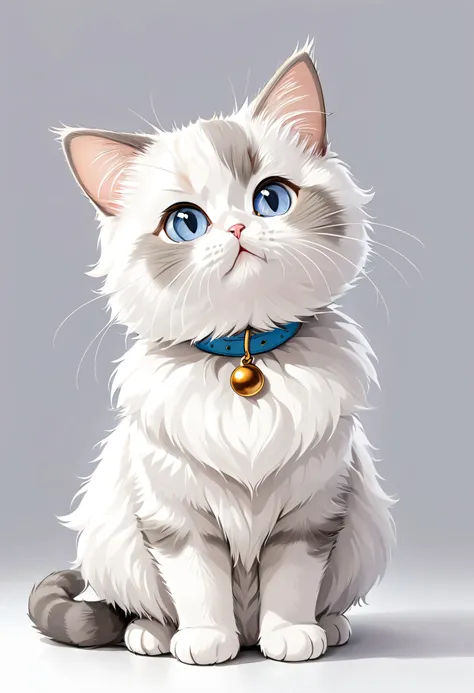 In TOK style, White and light grey fur，Cute cat, Munchkin cat, Looking at the audience, sit, Simple background
