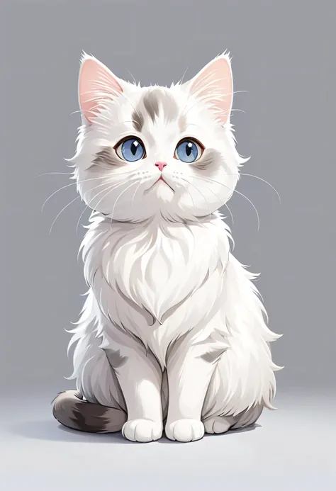 In TOK style, White and light grey fur，Cute cat, Munchkin cat, Looking ahead, sit, Simple background