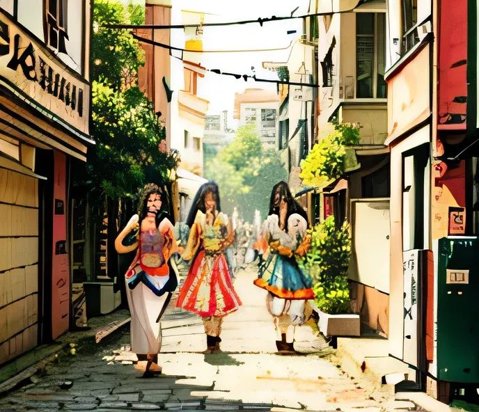 Two indian female friends walking on street. Wearing a indian style skirt. 