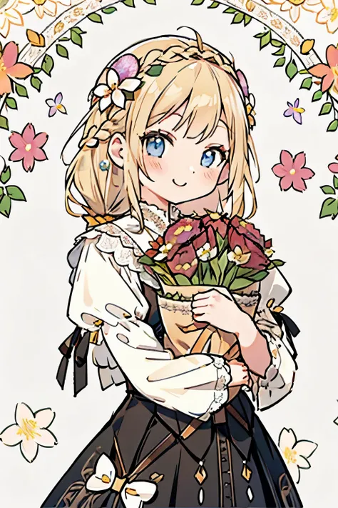 girl,thin blonde hair,long braided hair,holding a bouquet of lace flowers,celebration,｢1300｣characters,big smile,((Flower background:1.3)),close up of face